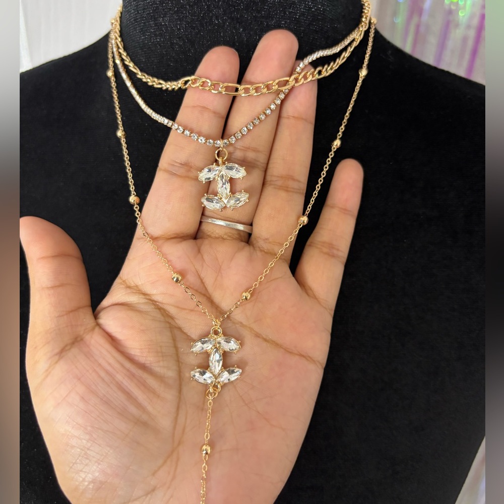 Gold Layered Pendant Necklace Set- Rhinestone Detail Women Jewelry Adjustable - Picture 2 of 8